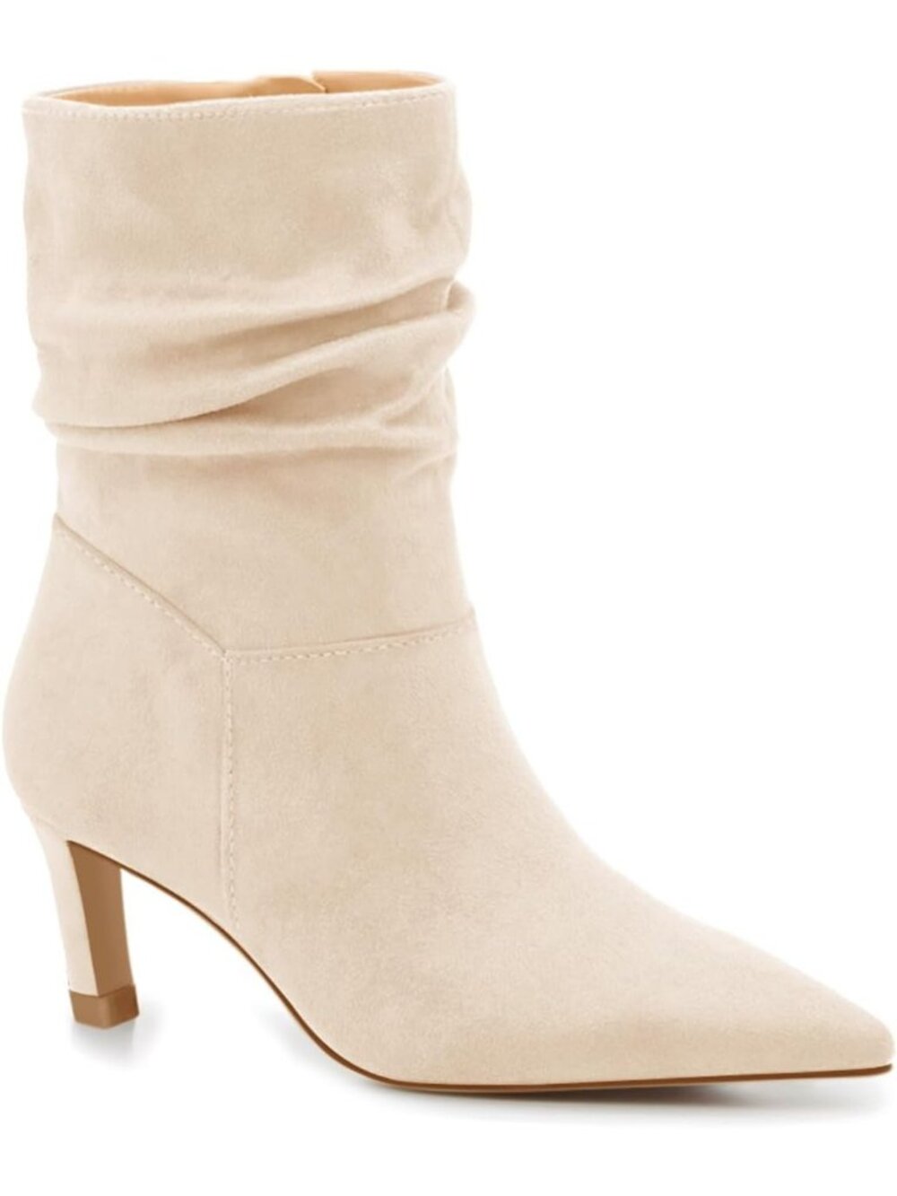 Women's Cream White Slouch Ankle Boots Kitten Low Heels Pointed Toe Zip Booties